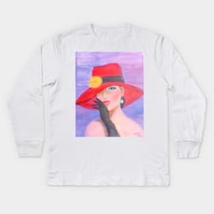 Incognito. Elegant lady wearing a red hat Kids Long Sleeve T-Shirt